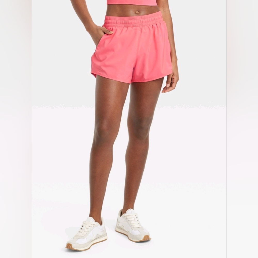*Woven Mid-Rise Run Shorts 3 Inch,  Coral Pink, Size L